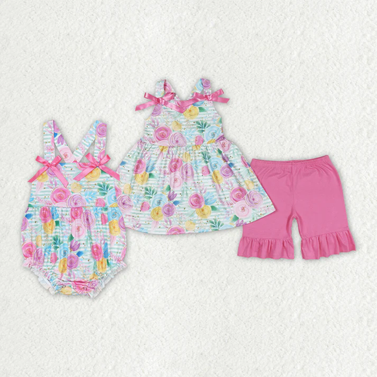 RTS NO MOQ Baby Girls Green Flowers Sibling Rompers Clothes Sets