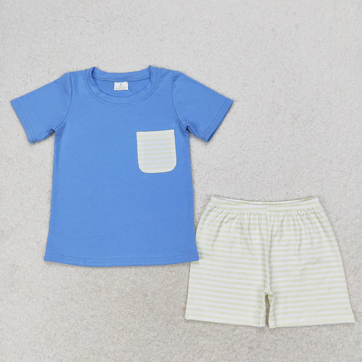RTS NO MOQ Baby Boys Blue Pocket Sibling Brother Rompers Clothes Sets