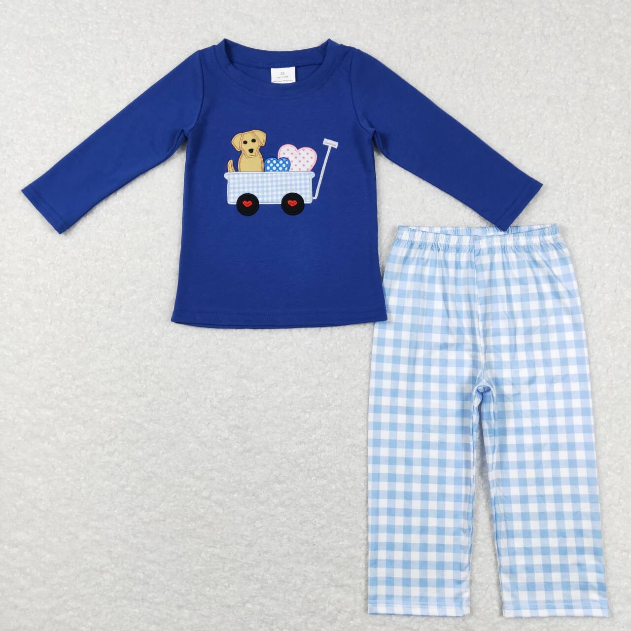 BLP0402 Embroidered love dog sapphire blue long-sleeved plaid trousers suit