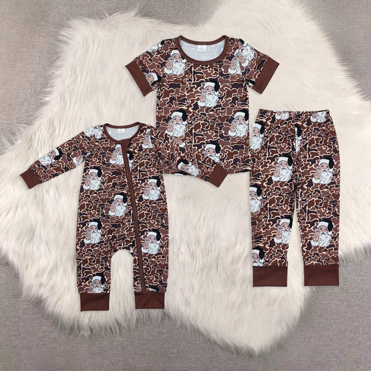 RTS NO MOQ Sibling Baby Boy Christmas Camouflage Santa Claus Bamboo Pajama Set and Long Zip-Up Romper