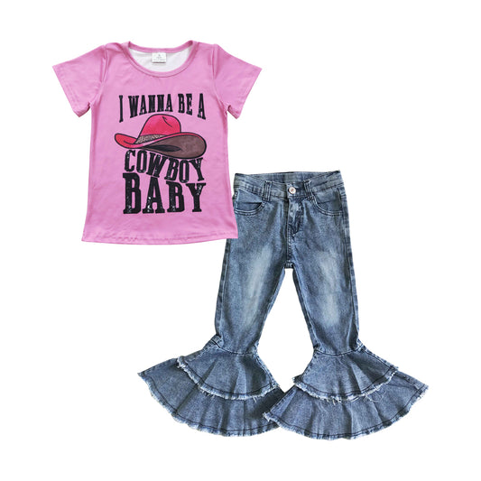 C5-15 Light bleached double denim flared pants+GT0107 Girls COWBOY BABY hat rose red short-sleeved top