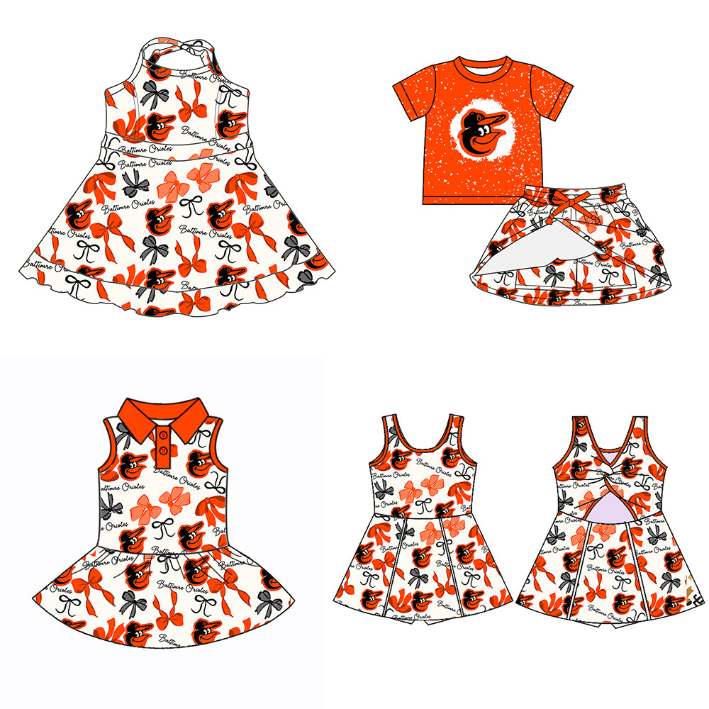 Custom moq 5 mix sizes summer teams baby girls clothes team orange short sleeve skirts shorts sets dress 1 and dress 2 and dress 3 and dress 4-25.5.19