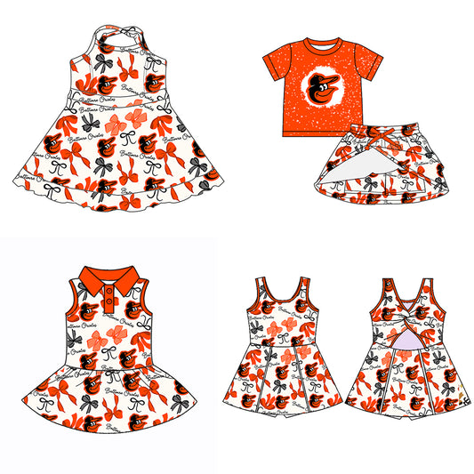 Custom moq 5 mix sizes summer teams baby girls clothes team orange short sleeve skirts shorts sets dress 1 and dress 2 and dress 3 and dress 4-25.5.19
