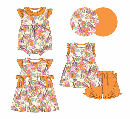 2.13 custom each style moq 5eta 4-6week Sibling Sisters guitar baby girl short sleeve shorts sets and dress and rompers match family design