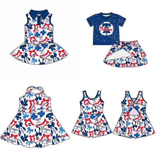 Custom moq 5 mix sizes summer teams baby girls clothes team blue short sleeve skirts shorts sets dress 1 and dress 2 and dress 3 and dress 4-25.5.17
