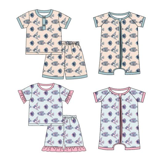 1.17 custom each style moq 5eta 4-6week Sibling Sister fish baby girl short sleeve shorts sets and sets 2 and boy romper and girl romper match design