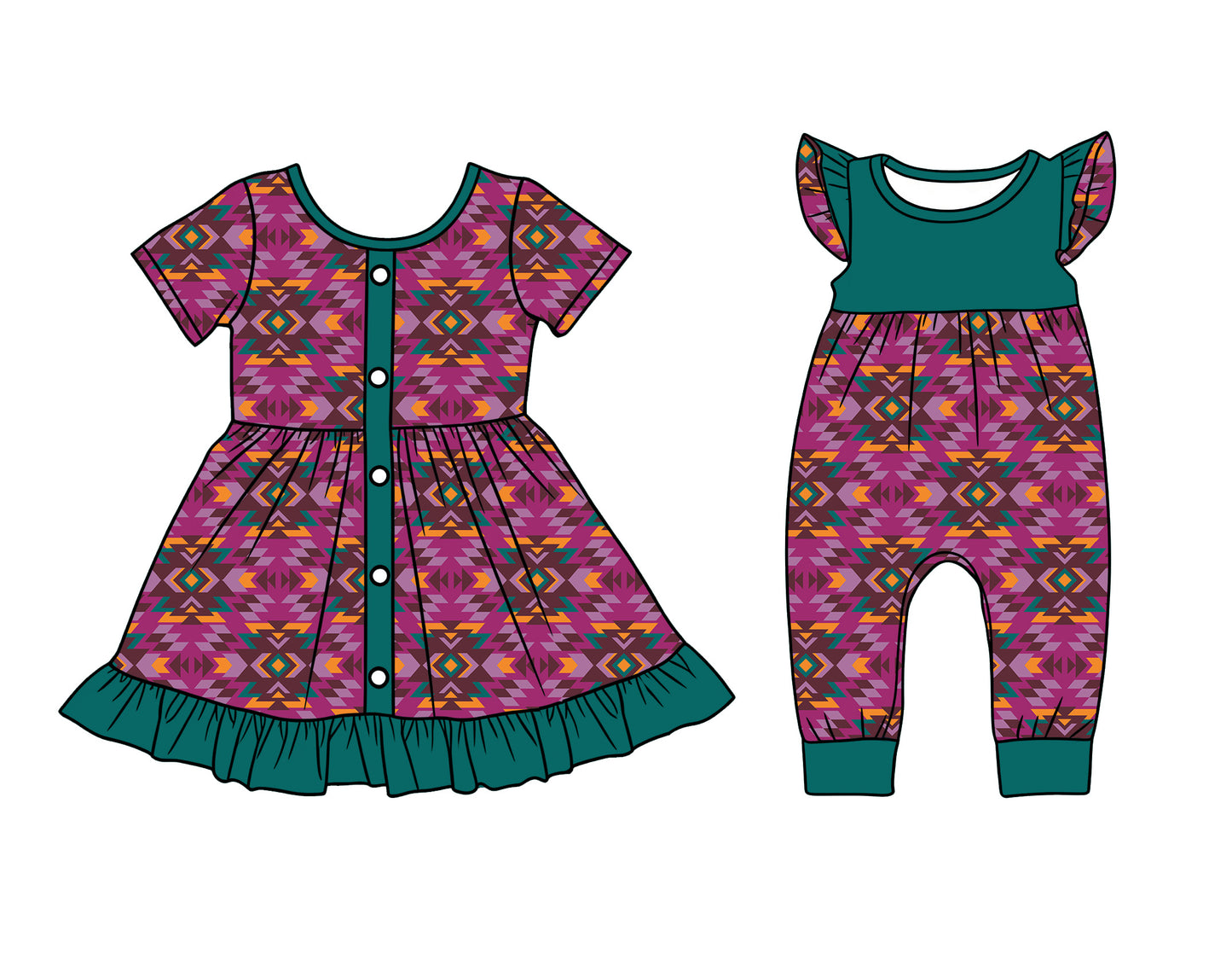 26.1.2 custom each style moq 5 eta 6-8week Sibling Sister geometric baby short sleeve romper and dress match design