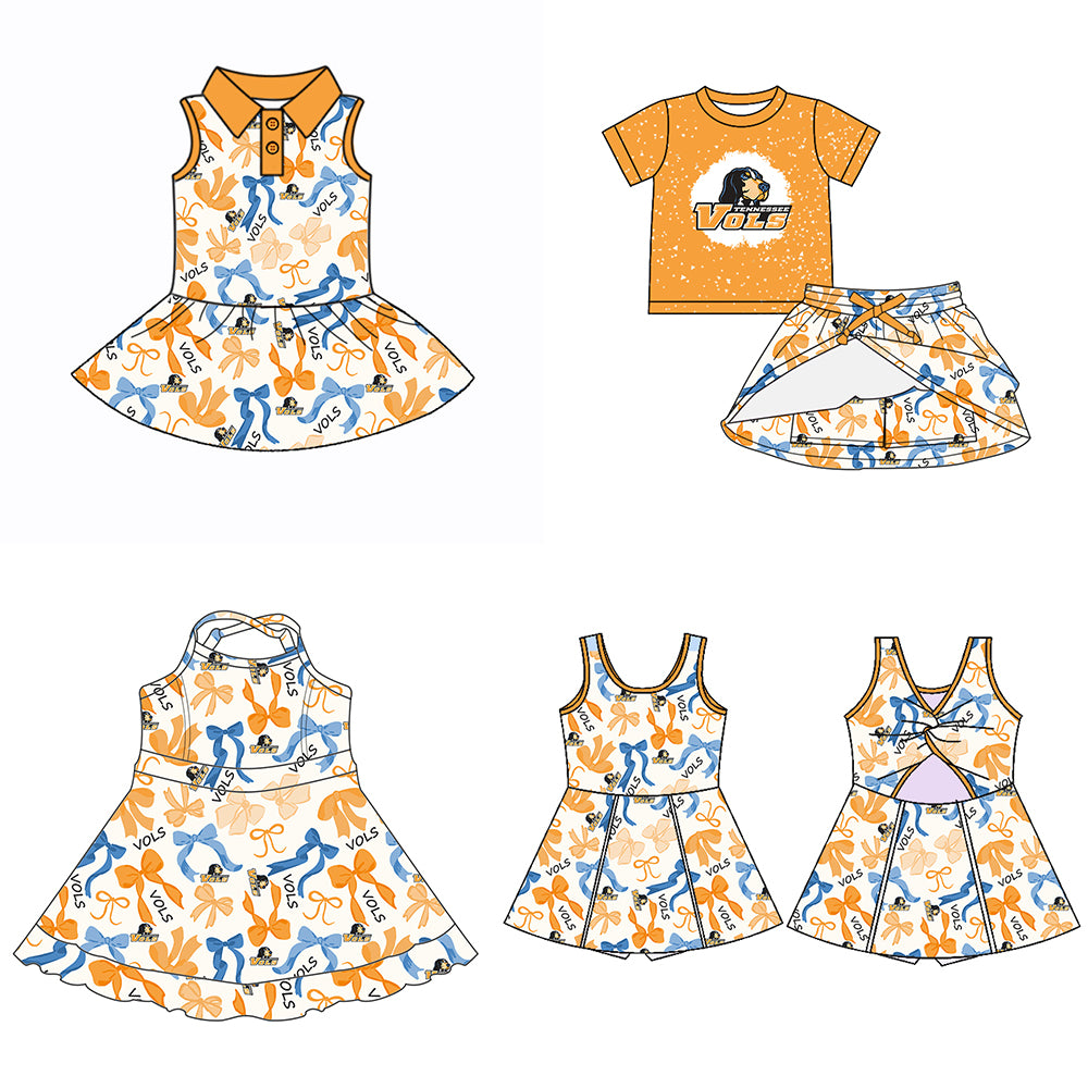 Custom moq 5 mix sizes summer teams baby girls clothes team orange short sleeve skirts shorts sets dress 1 and dress 2 and dress 3 and dress 4-25.5.16