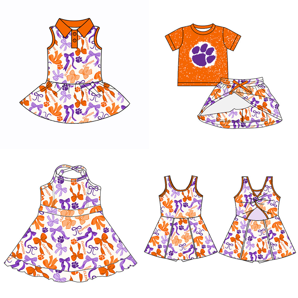 Custom moq 5 mix sizes summer teams baby girls clothes team orange short sleeve skirts shorts sets dress 1 and dress 2 and dress 3 and dress 4-25.5.15