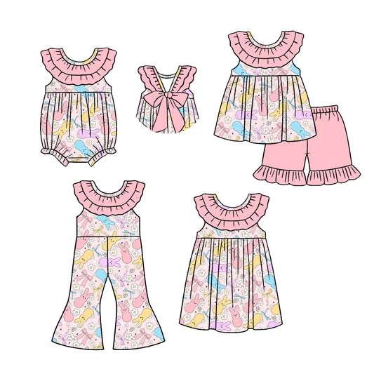 26.1.1 custom each style moq 5 eta 6-8week Sibling Sisters easter baby girl short sleeve shorts sets and jumpsuits and dress and rompers match family design