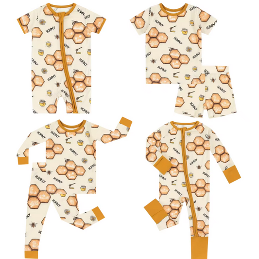 5.16custom each style moq 5eta 4-5week Sibling Sister honey bee hive print gold boys outfits and baby romper match family design