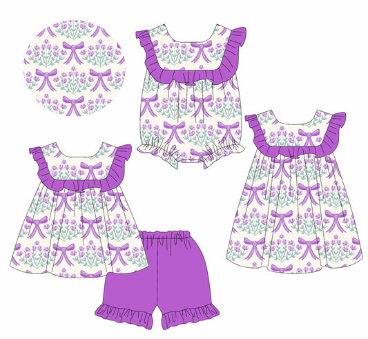 1.11 custom each style moq 5eta 4-6week Sibling Sister floral bow baby girl short sleeve shorts sets and dress and rompers match family design