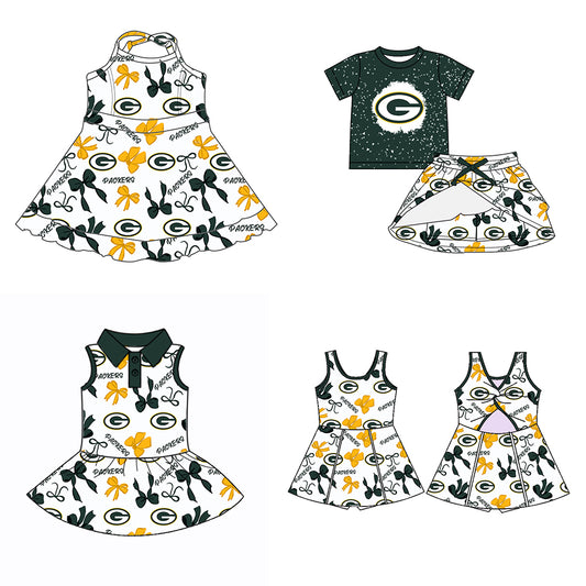 Custom moq 5 mix sizes summer teams baby girls clothes team green short sleeve skirts shorts sets dress 1 and dress 2 and dress 3 and dress 4-25.5.26