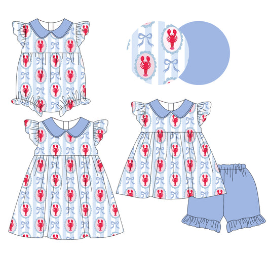 25.12.4 custom each style moq 5 eta 6-8week Sibling Sister lobster bow baby short sleeve shorts sets and romper and dress match design