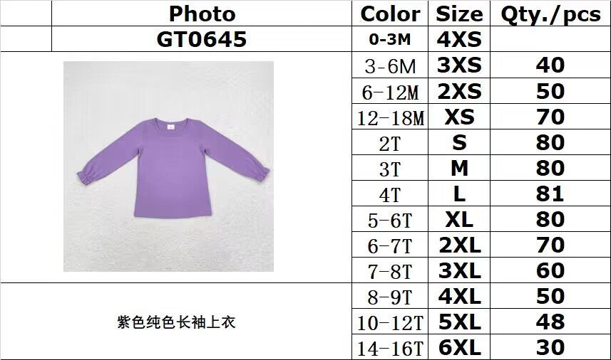 rts no moq GT0645 Purple solid color long-sleeved top