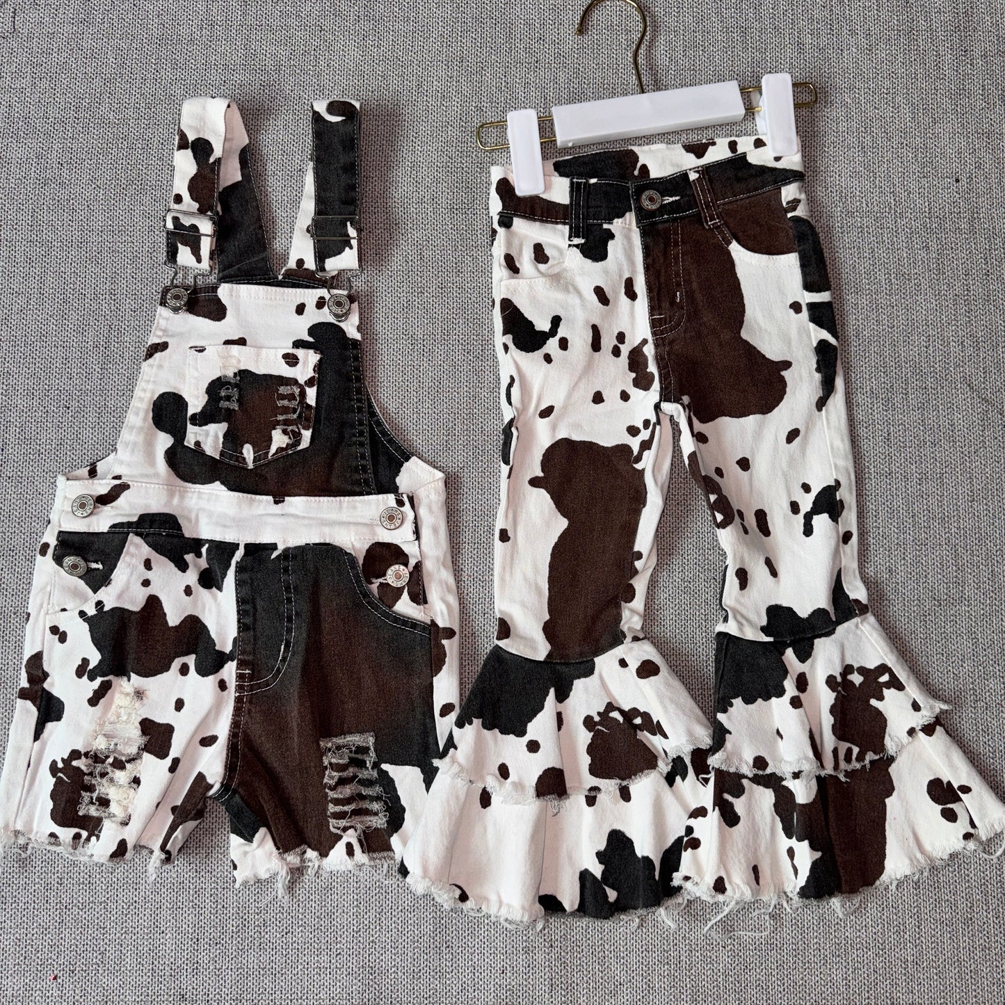 RTS NO MOQ Sibling baby girl clothes cow print camouflage denim overbell