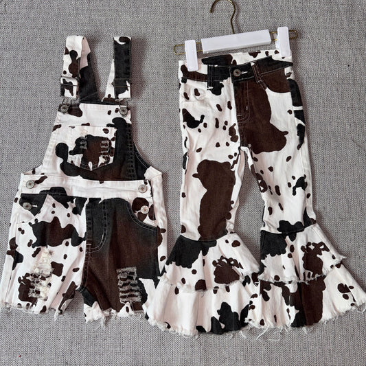 RTS NO MOQ Sibling baby girl clothes cow print camouflage denim overbell