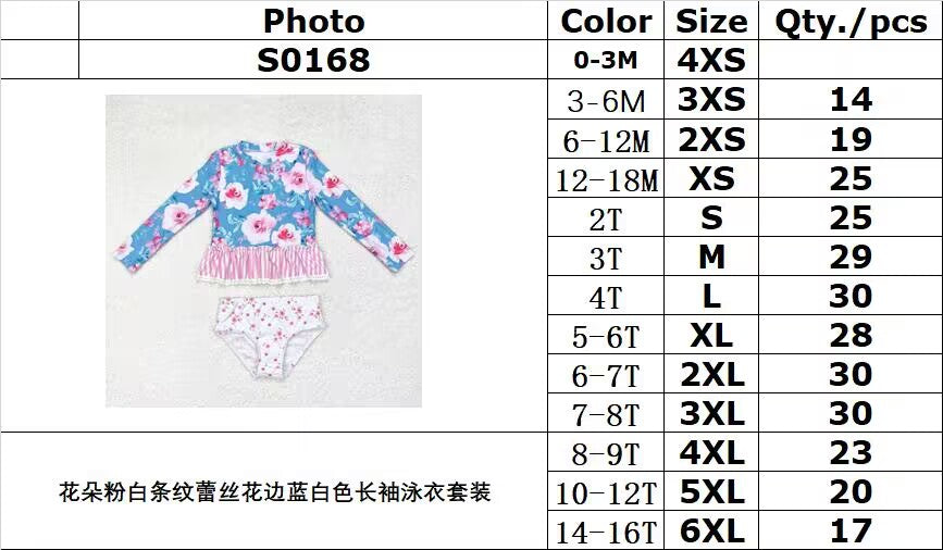 rts no moq S0168 Flower pink and white striped lace blue and white long-sleeved swimsuit set