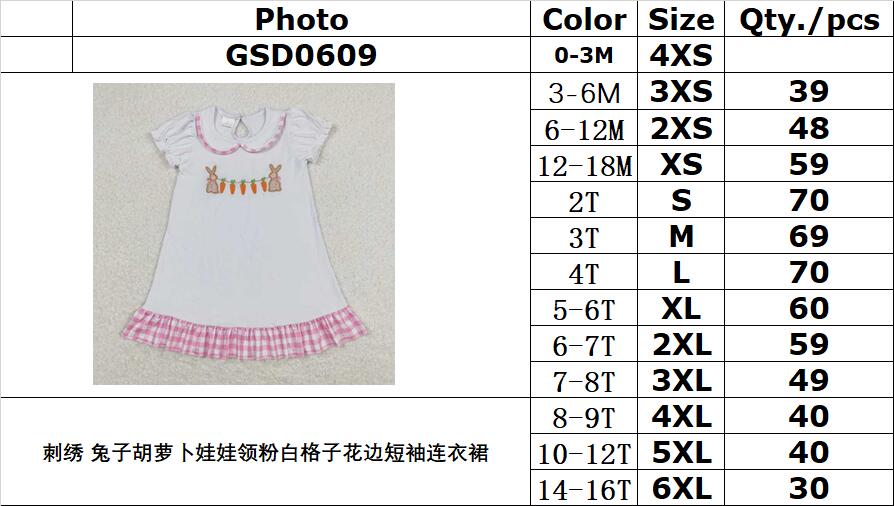 GSD0609 Embroidered bunny carrot doll collar pink and white plaid lace short-sleeved dress