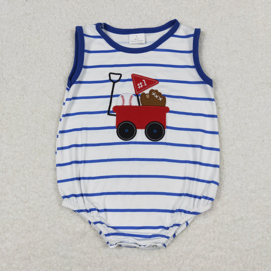 RTS NO MOQ（In Stock) Embroidered Baseball Cart Blue Stripe White Tank Top Bodysuit