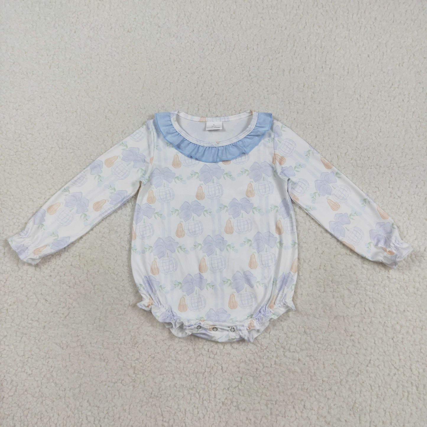 RTS NO MOQ（In Stock) LR2312 White long-sleeved bodysuit with blue lace and pumpkin bow pattern