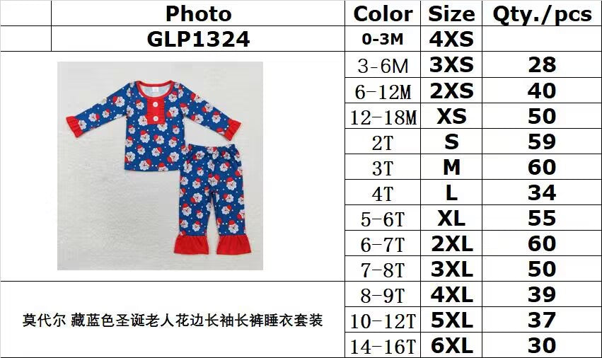 Bamboo rts no moq GLP1324 Modal navy blue Santa Claus lace long sleeve trousers pajamas set