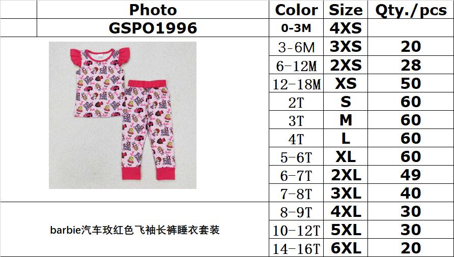 RTS NO MOQ ETA 5/7days Arrived GSPO1996 Barbie car rose red flying sleeve long pants pajamas set