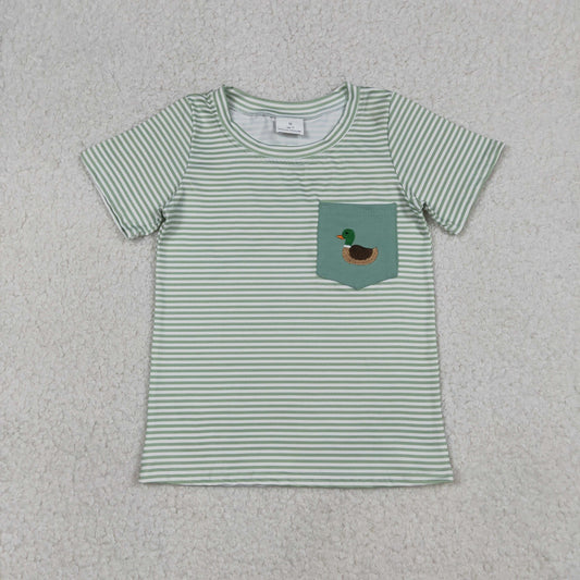 RTS NO MOQ（In Stock) Embroidered Duck Pocket Green Striped Short-Sleeve Top
