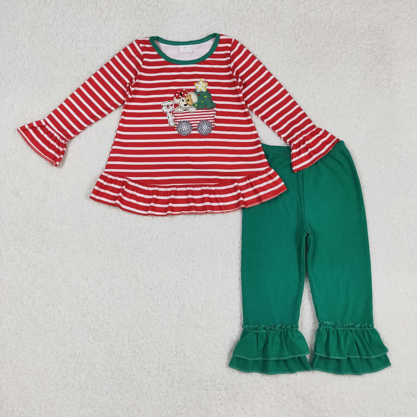 RTS NO MOQ（In Stock) GLP2580 Embroidered Christmas puppy cart stripe red long-sleeved green pantsuit