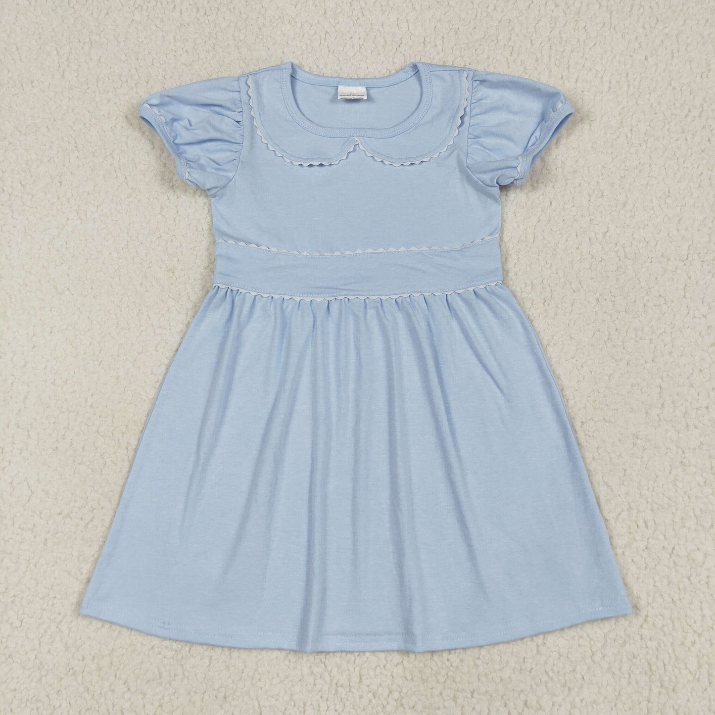 RTS NO MOQ（In Stock) GSD2316 White lace solid blue short-sleeved dress with doll collar