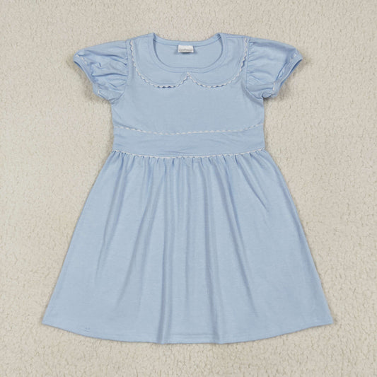 RTS NO MOQ（In Stock) GSD2316 White lace solid blue short-sleeved dress with doll collar