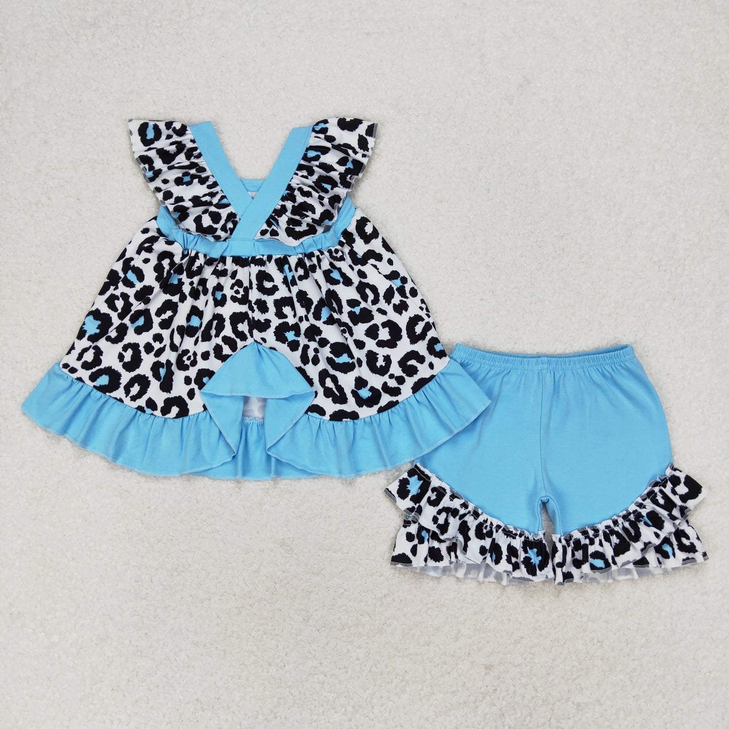 rts no moq GSSO0878 Blue and black leopard lace flying sleeve shorts set