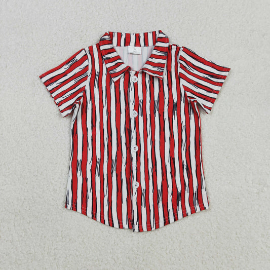 RTS NO MOQ（In Stock) Dr. Seuss Red Vertical Striped Button-Up Short-Sleeved Top