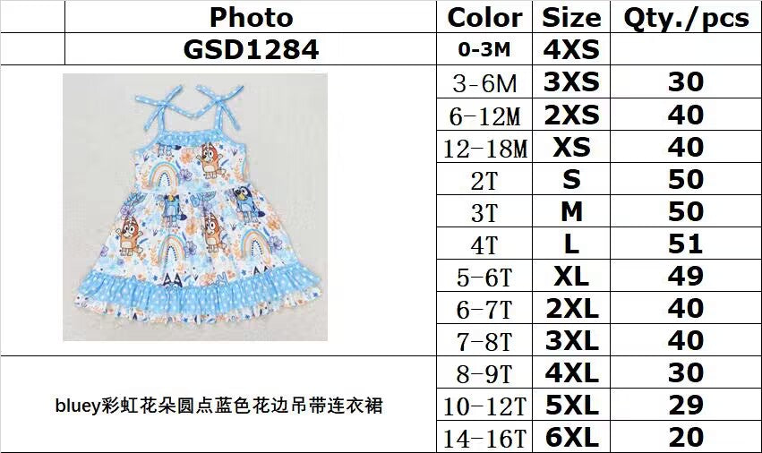 RTS no moq GSD1284 bluey rainbow flower polka dot blue lace suspender dress