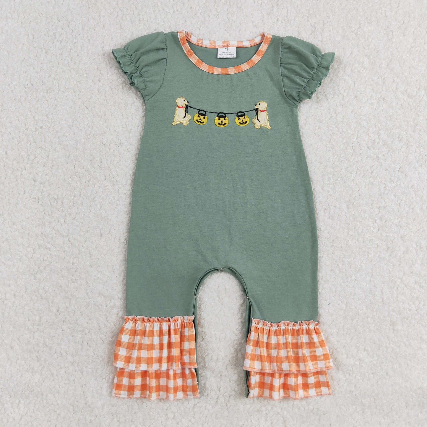 RTS no moq SR1794 Embroidered Halloween pumpkin lantern puppy orange plaid lace blue-green short-sleeved jumpsuit