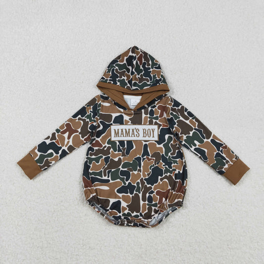 RTS NO MOQ（In Stock) LR2796 Embroidered Mama's Boy Brown-Green Camouflage Beige Hooded Long-Sleeve Jumpsuit