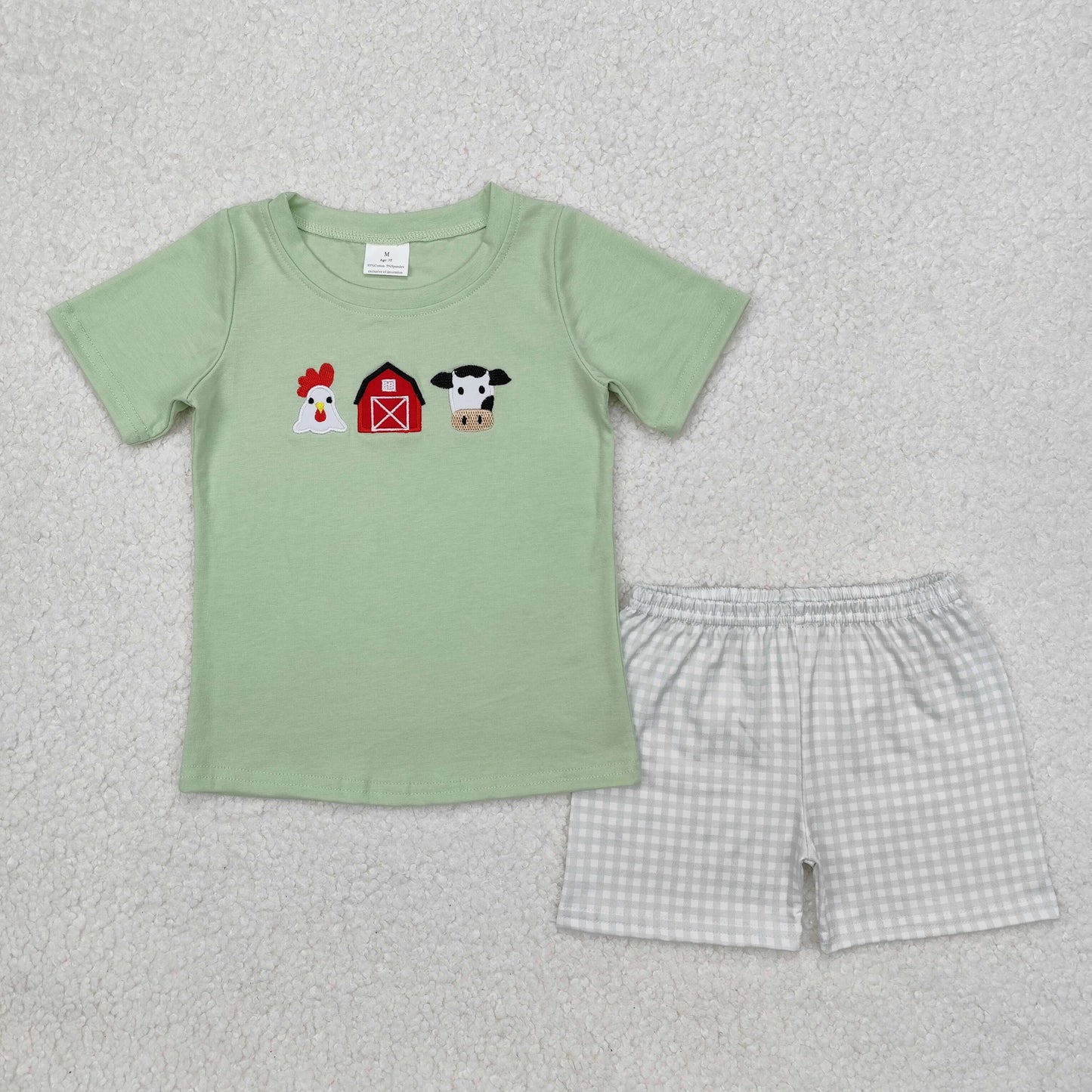 RTS NO MOQ ETA 5/7days Arrived BSSO1067 Embroidery Chicken Farm Red House Cow Green Short Sleeve Plaid Shorts Set