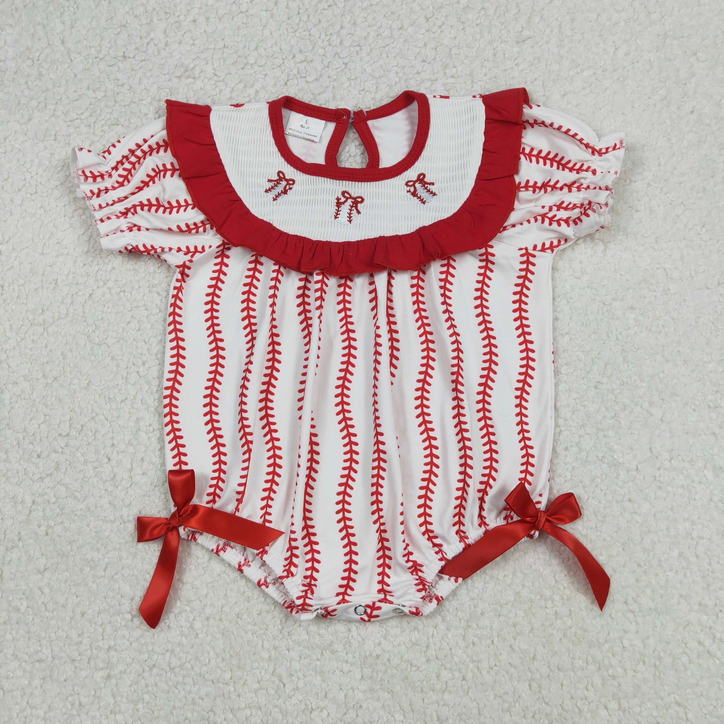 RTS NO MOQ（In Stock) Embroidered Baseball Red Bow Design Short-Sleeve Jumpsuit