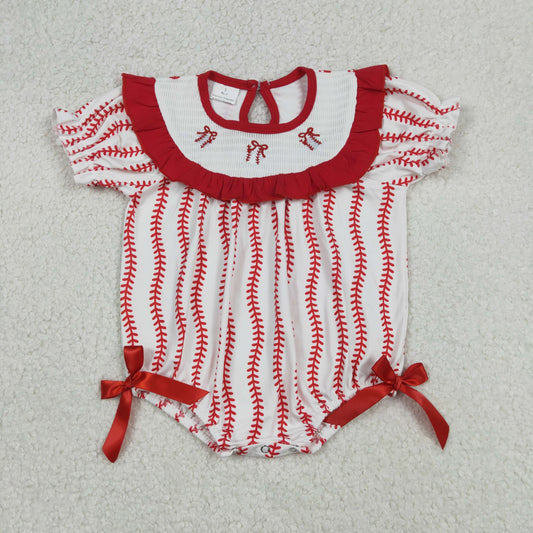 RTS NO MOQ（In Stock) Embroidered Baseball Red Bow Design Short-Sleeve Jumpsuit