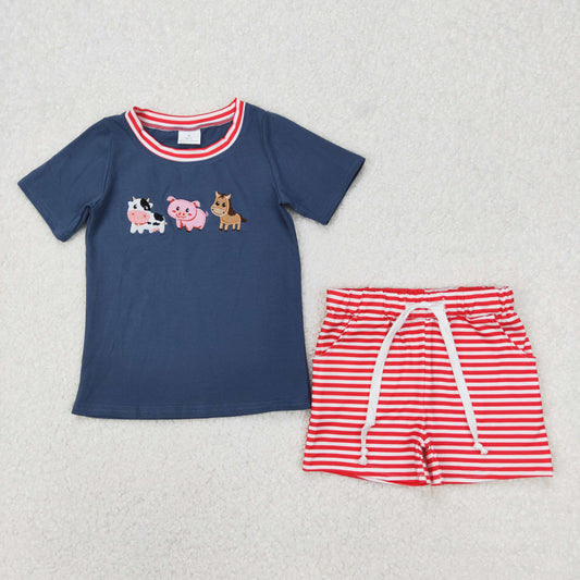 RTS NO MOQ ETA 5/7days Arrived BSSO1295 Embroidered cow, pig, horse, farm animal blue short sleeve red striped shorts set