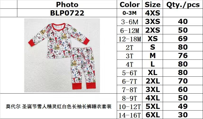 bamboo rts no moq BLP0722 Modal Christmas Snowman Elf Red and White Long Sleeve Pants Pajama Set