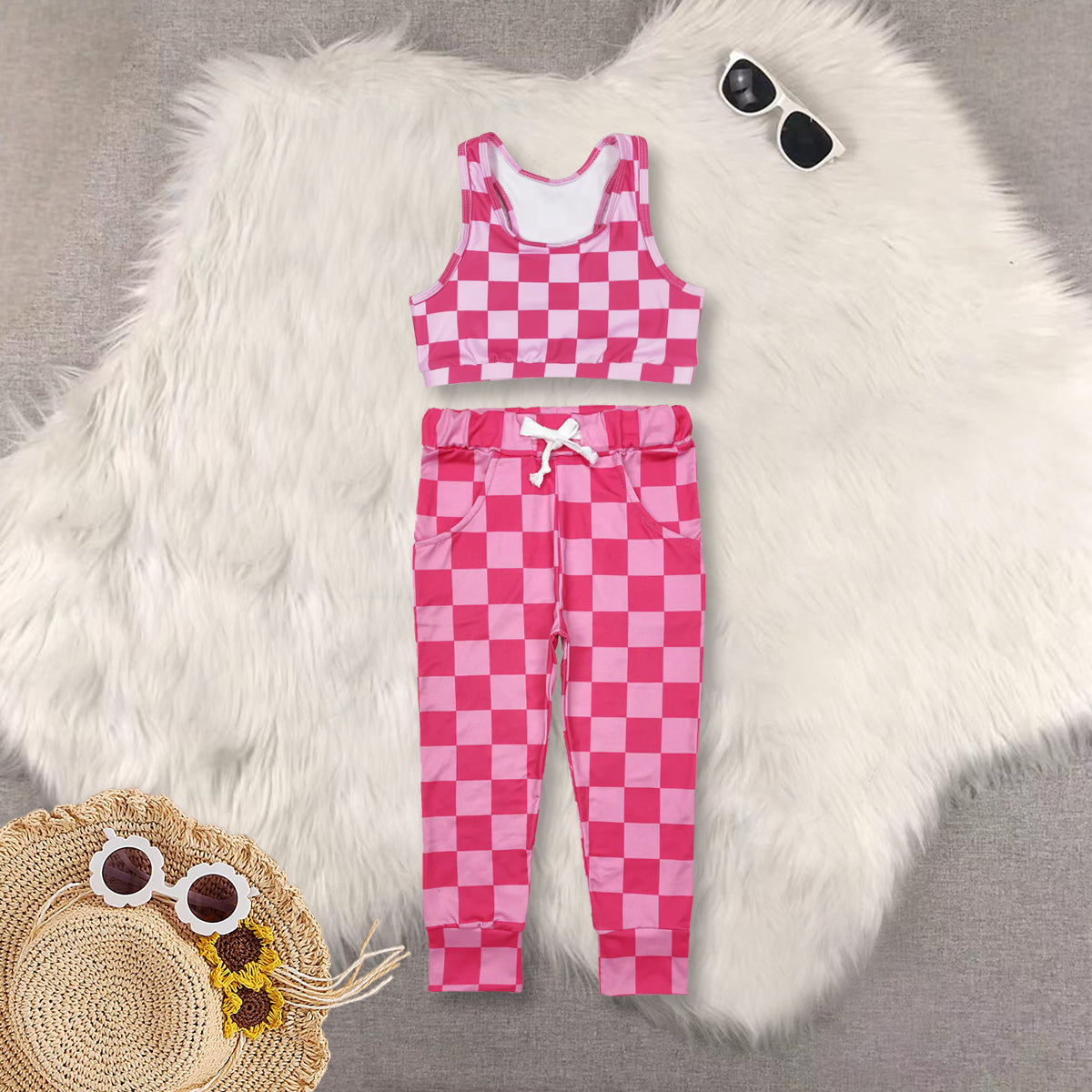 RTS NO MOQ Sibling baby girl clothes plaid short-sleeved top lace trousers sets and top and pants