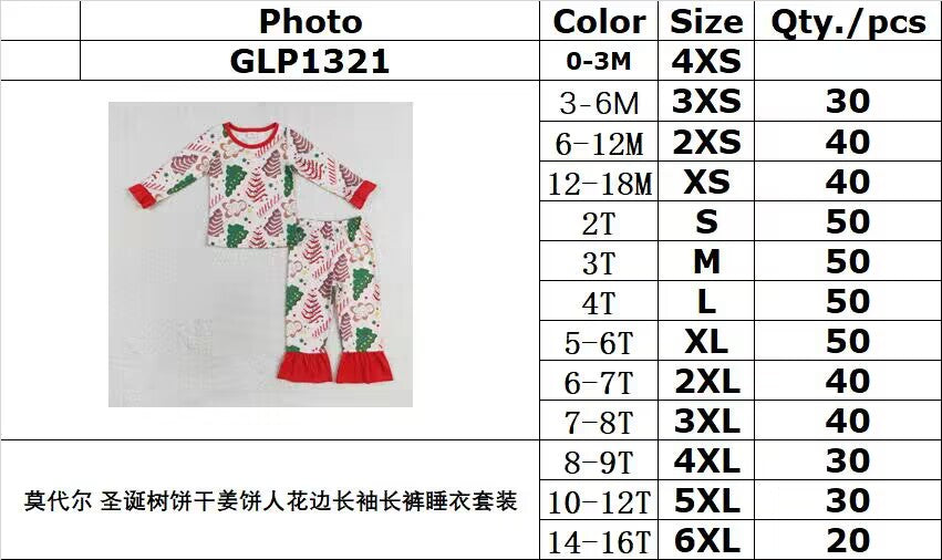 Bamboo rts no moq GLP1321 Modal Christmas tree cookie gingerbread man lace long sleeve long pants pajamas set