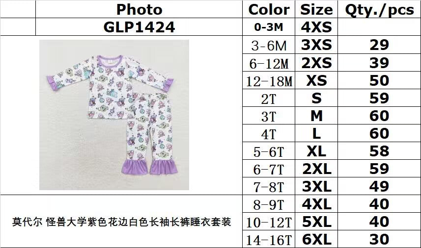 bamboo rts no moq GLP1424 Modal Monsters University purple lace white long-sleeved trousers pajama set