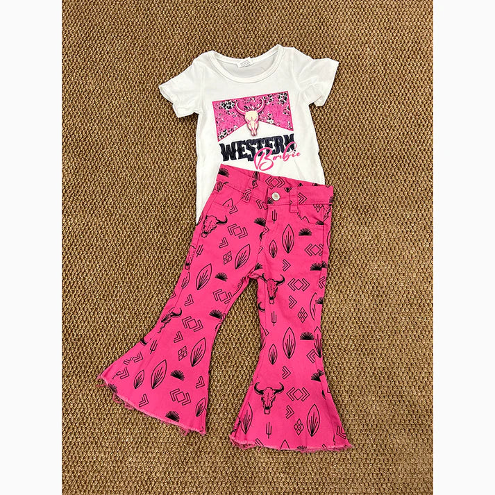 RTS NO MOQ GT0134+P0159 Girls' WESTERN pink bull head white short-sleeved top Aztec rose red denim trousers with alpine bull head leaves sets
