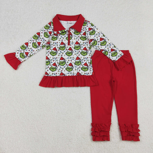 12/18m-7/8t RTS NO MOQ（In Stock) GLP2714 Grinch Illuminated Red and White Zipper Long-Sleeved Pants Set