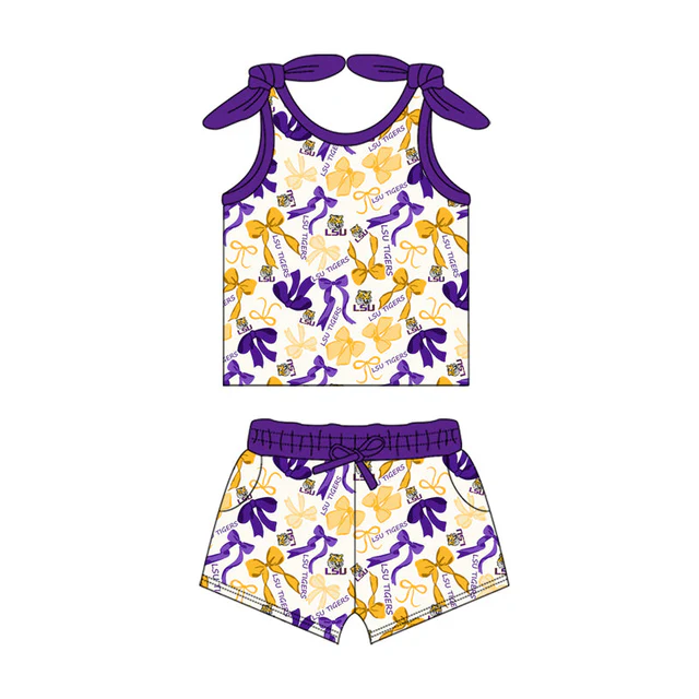 PRE ORDER Deadline August 12 close custom no moq baby kids summer sets  Purple and Yellow  Suspender Bowknot Short Sleeve Shorts Set