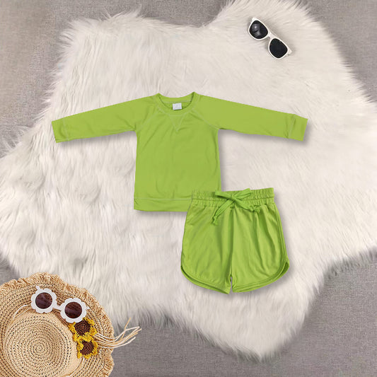RTS NO MOQ Sibling baby girls clothes green long sleeve top shorts yoga sets