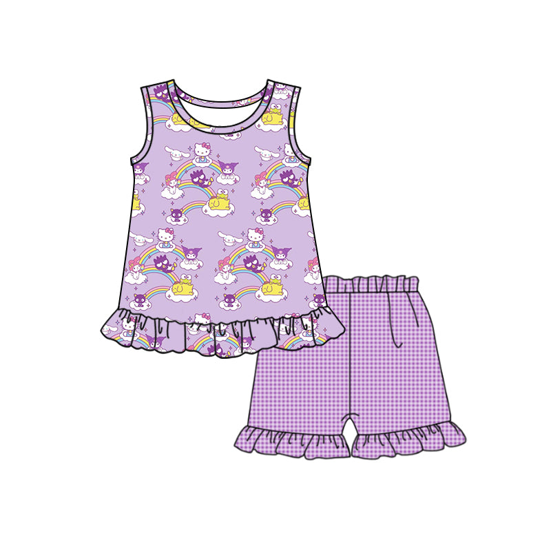 Cartoon pink purple girl short-sleeved shorts suit, customized moq 5 mix size eta 4-5week