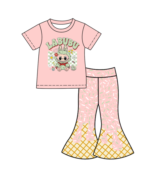 Custom moq 5 mix size milk silk baby girl clothes cartoon pink short sleeve pants sets